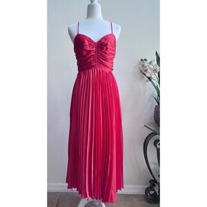 Adelyn Rae Pleated Skirt Ruched Bodice Satin Midi Dress Orange Womens Sz Medium